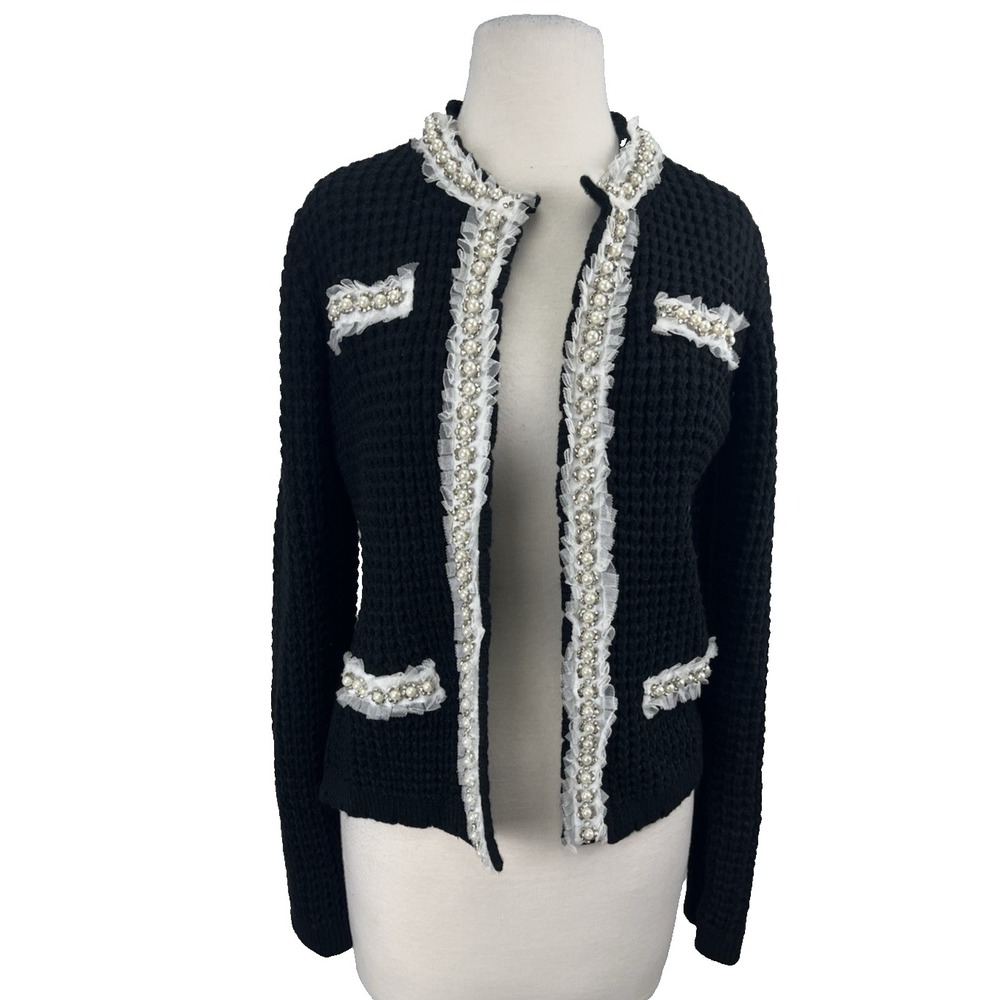 Adore Rhinestone Pearl Cardigan Small Knit Black Chunky Trim Coquette NWT Ruffle
